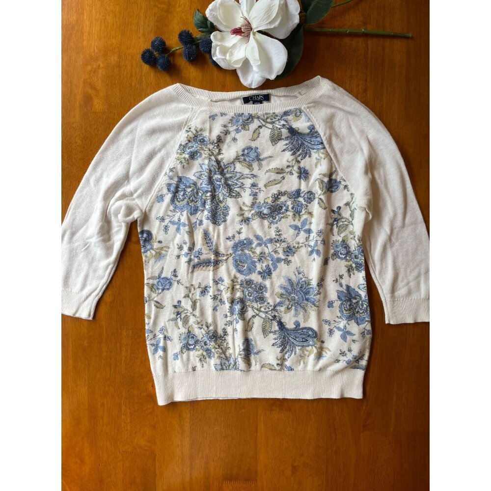 Ralph Lauren Chaps Womens 3/4 Sleeve Floral Linen Blend Sweater Sz S Cottagecore